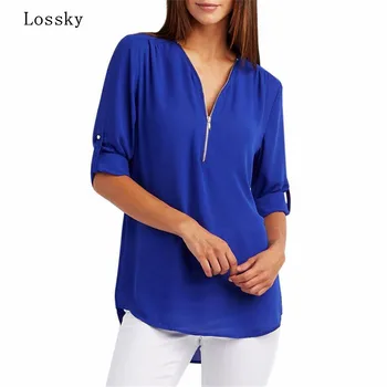 5XL 2021 Jeseni Ženske Šifon Bluzo Velikosti Vrhovi Seksi V Vratu, Ohlapno Priložnostne Bluzo Ženski Zadrgo Plus Velikost Modra Majica Blusas