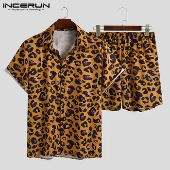 Moški Kompleti Leopard Natisnjeni Moda Obleke Kratek Rokav River Srajce Elastične Hlače 2 Kosa Človek Poletje Poklicanost Plaži Določa INCERUN