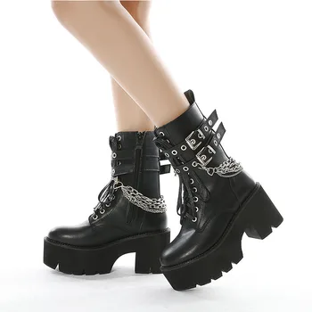 2021 Visoke Pete Ženski Čevlji na platformi Čipke-Up Black Seksi Kovice Verige Kratke Čevlji Demonia Gothic Črni Škornji Za Ženske