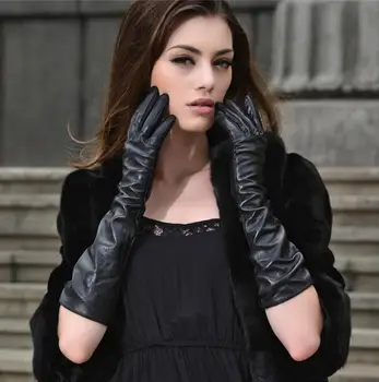 Ženske zimske zgostitev runo oblog dolge rokavice dama naravne ovčje usnje rokavice dolgo usnje vožnje rokavice R308