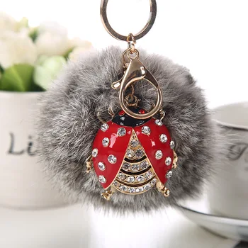 Kristalno Ladybug Pompom vrečko Keychain Pravi Zajec Krzno žogo obesek za ključe, Za Žensko Dekle Čar ženske pribor Valentinovo