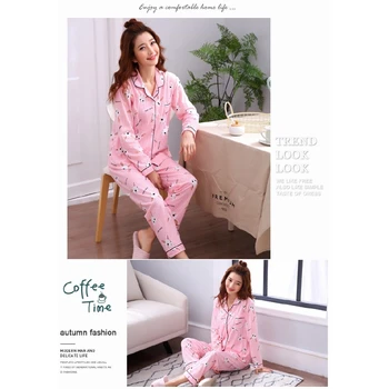 Jeseni Ženske Pižame Nastavite Dolgo Oplaščeni Sleepwear Pletene Obleke Oblačila Tiskanje Živali Cvetje Vzorec More