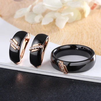 Klasični Črno Beli Keramični Nakit Set Uhanov Ring Crystal Preprost Stil Tesnilo Keramične Pribor Za Ženske Dekle