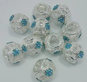 Brezplačna dostava nove 20pcs 13mm srebrno barvo zlitine z jezera modra kristal nosorogovo kroglice okroglo obliko fit Evropske zapestnica DIY