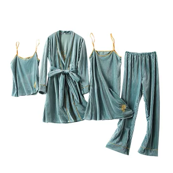 Žamet Nightgown kopalni plašč Ženske Jeseni Sleepwear 4PCS Določa Lady Priložnostne Udobno Dnevno Pižamo Salon Burgundija