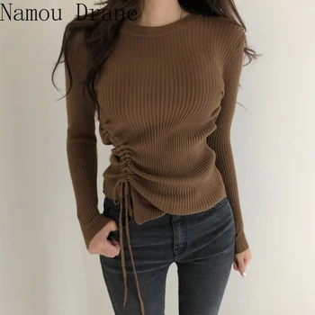 Korejska različica elegantna nezakonitih čipke-up vrvico dno pulover ženske jeseni in pozimi novo tanek pulover pulover