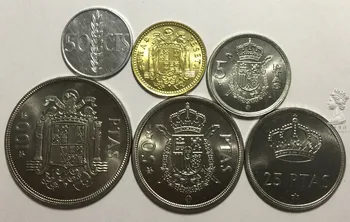 Španija 1975 set 6 kosov 50 točk -1-5-25-50-100 peseta Resnično Izvirno Kovancev Resnično Zbiranje Kovancev Unc