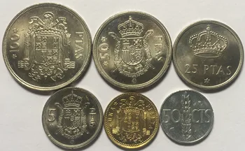 Španija 1975 set 6 kosov 50 točk -1-5-25-50-100 peseta Resnično Izvirno Kovancev Resnično Zbiranje Kovancev Unc