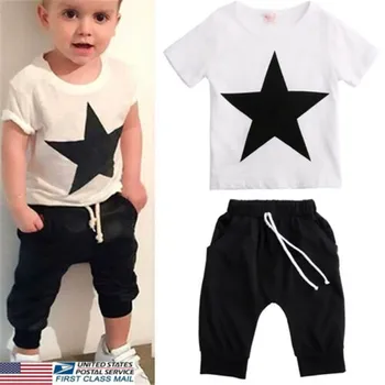 2-7years Otroci Fantje Oblačila, ki Pentagram Star Print Majica s kratkimi rokavi Za Dečke Vrhovi Črne Dolge Hlače Boys Nastavite Otroci, Otroci Dojenčka Obleke