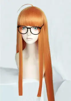 Igra P5 Persona5 Futaba Sakura Cosplay Lasuljo Dolge Ravne Citrusov Oranžna Toplotno Odporen Sintetičnih Las Lasulja + Lasuljo Skp + Očala