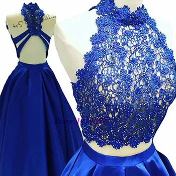 Royal Modra Seksi dvodelni Maturantski ples Obleke 2020 Saten Backless Dolgo Poceni Večerne Formalnih Nositi Obleko Haljo de Soiree