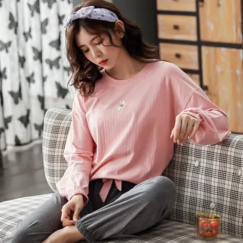 Rdeča Sleepwear Kompleti Za Ženske Lep Cvetlični Vzorec, Pižame Bombaž Dolg Rokav Domov Nositi Vroče Prodaje Femme Perilo Pijamas