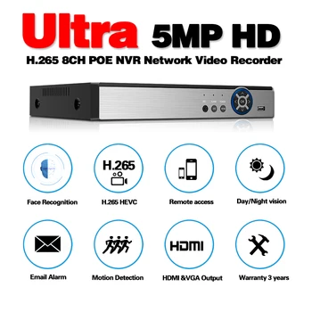 Ultra HD 8CH POE NVR ONVIF H. 265 3,5 mm Avdio Izhod Nadzor Varnosti Snemalnika Videa za 1080p 720p 4mp 5mp POE IP Kamere