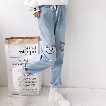 Japonski Stil Dekle Mori Kawaii Mačka Tačka Vezenje Jeans Ženska Elastični Pas Ohlapne Hlače Mlado Dekle Učenci Hlače