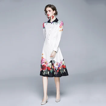 Merchall Jeseni, Pozimi Obleko Ženske 2020 Vzletno-Pristajalne Steze Long Sleeve Vintage Tiskanja Belo Obleko Elegantno Cvetlični A-Line Midi Majica Obleke