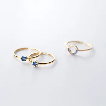 WANTME korejski Elegantna Krog, Kvadrat Modra Cirkon Prst Odprt Obroč za Ženske Pravi 925 Sterling Srebro Geometrijske Krog Modni Nakit