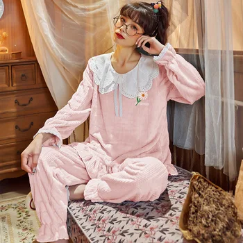 Korejski Sladko Srčkan Spodnje Perilo, Spodnje Perilo, Kawaii Ženske Pižame Jeseni, Pozimi Domov Oblačila Flanela Sleepwear Salon Wear Blue Roza Nova