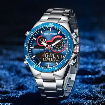 2020 BOAMIGO Mens Ure Top blagovne Znamke Luksuzni modra Digitalna Quartz ura iz nerjavečega jekla Nepremočljiva Športni Kronograf wirst Watch