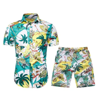 Poletje Novih Moških Set Za Plažo Potovanja Raznobarvno Priložnostne Hawaiian Oblačila Maple Leaf Boardshorts+Tiskanje Majice Počitnice Kopalke
