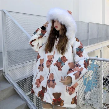 Kawaii Risanka Medved Tiskanja Jopič Zimski Podloženi Plašči Ženske Oblačila 2020 Japonski Parkas Ženske Outwear Svoboden Plašč Ženski SL9H