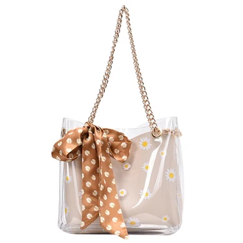 Pregledna Vedro vreča 2020 Poletje Novih kakovostnih PVC Žensk Oblikovalec Torbici Verige Ramenski Messenger Bag Plaži potovalna torba