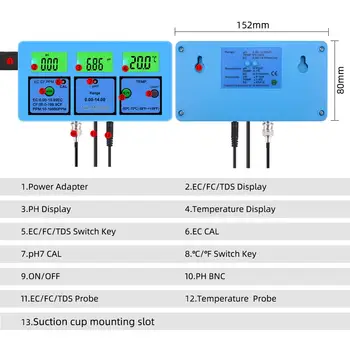 Multi-parameter PH / ES / CF / TDS/ Temp 5 v 1 Tester PH Meter Vode, Kakovost Zaslona ES Analizo Orodje za Akvarij