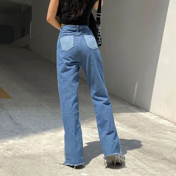 HEYounGIRL Mozaik Priložnostne Modre Jeans Hlače Ženske Split Strani Naravnost Denim Visoko Pasu Dolge Hlače Dame Moda Ulične