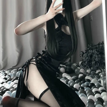 Retro Cheongsam Nightgowns Ženska, Visoko Odpiranje Vilice Cosplay Erotični Kostum Anime Seksi Spodnje Perilo, Obleko Čipke Obleko Fancy Slim Enotna