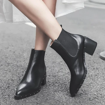 Ženske pravega usnja elastična slip-on visoke pete, škornji, jeseni visoke kakovosti Chelsea škornji zakovice ženske udobne čevlje