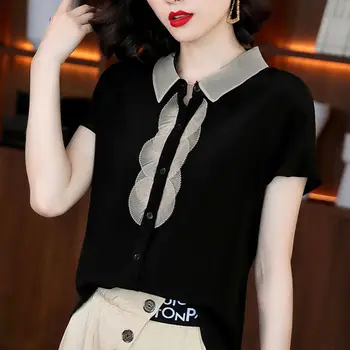 Kratka sleeved Fashion Lace River Shirt Ženski Svoboden Očesa Preplete Vzorec Gumb Dekoracijo Preprost Bluzo Žensk Pomlad Poletje