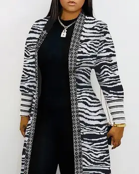 2020 Jeseni Ženske Modni Eleganten Casual Geometrijo Zebra Trak Tiskanja Rebraste Cardigan Odpri Prednji Dolg Rokav Svoboden Jopico Ženske