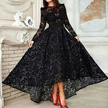 Črni Muslimani Večerne Obleke A-linije Dolge Rokave Čaj Dolžina Čipke Islamske Dubaj Savdska arabski Dolge Elegantne Večerne Obleke