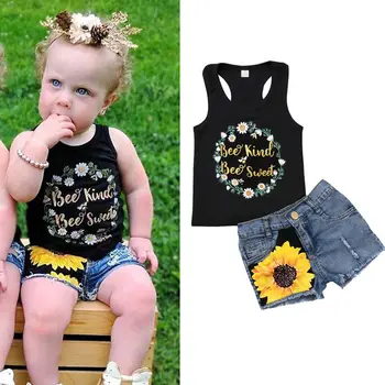 Pudcoco Obleke Za Dekle, Otroci Baby Girl Obleke Obleke Cvetlični T-shirt Vrhovi +Denim Jeans Hlače, kratke Hlače Komplet
