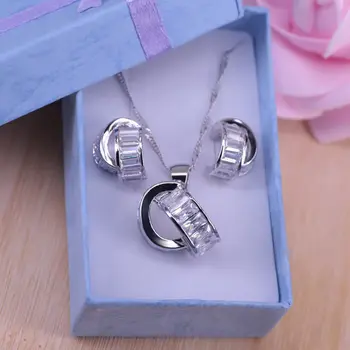 Dubaj slog bela kubičnih cirkon srebrne barve nakit set obročev, uhani-ogrlico, obesek, set za ženske edinstven design lepo darilo