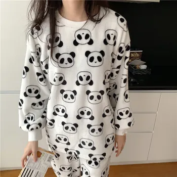 Pižame za Ženske Sleepwear 2020 Pozimi Risanka Panda/kravo Tiskanja Priložnostne Domov Nositi Dva kosa Mlado Dekle, Plišastih Pižami