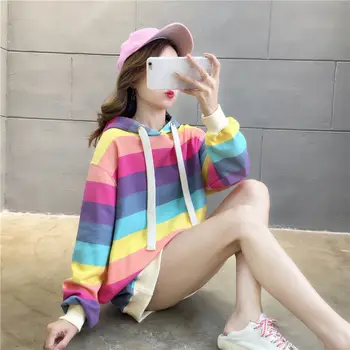 Moda harajuku hoodie ženske mavrica črtasto jakno kawaii majica korejskem slogu ohlapne obleke, puloverji