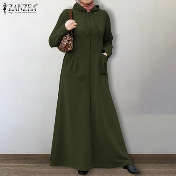 2021 Jeseni Trdna Hooded Majica Obleko ZANZEA Ženske, Dolg Rokav Obleka Priložnostne Hoodie Muslimanska oblačila Hidžab tam kaftan Ženska Plus Velikost Robe