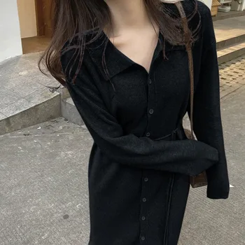 QWEEK korejski Pulover Obleko Ženske 2020 Nove Dolg Rokav Črno Pleteno Obleko Plus Velikost Obleke za Ženske Obleke Shashes Vestidos