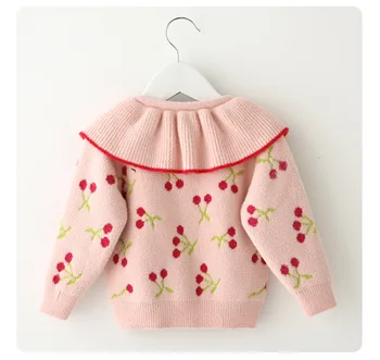 Baby Dekleta Puloverji Jeseni Novo Jopico Pulover Češnja Vezenje otroška Oblačila Baby Plesti Outwear 1-5Y