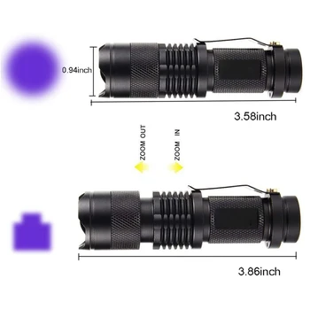 UV LED Svetilka Mini LED Svetilko 395nm Zoomable blacklight Valovna dolžina Vijolična Svetloba Pet Urina Scorpion Žensko higieno Detektor