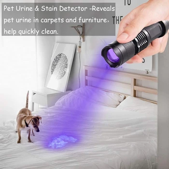 UV LED Svetilka Mini LED Svetilko 395nm Zoomable blacklight Valovna dolžina Vijolična Svetloba Pet Urina Scorpion Žensko higieno Detektor