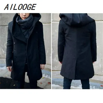 AILOOGE blagovne Znamke-oblačila za Moške Zimske Jakne korejski Moda Plus Velikost Hooded Volnene Plašč Moški Dvojno Zapenjanje Slim Dolgi Plašči Moški