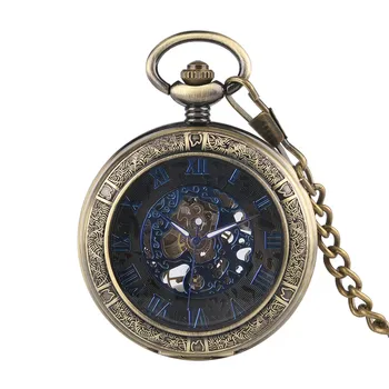 Mistično Črna Številčnica, Mehanske žepna ura Pregleden Lovec Modra Rimskimi številkami Zaslona Ročno Navijanje žepna ura za Moške
