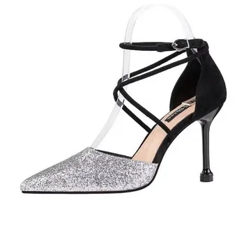 Novi kristalni sequins opozoril visokih petah stiletto plitvo sponke votlih eno čevlji prečni trak ženske sandali