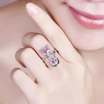 Lingmei Luštna Mačka Oblikovan Priljubljena Moda za Ženske, Nakit Multi & Roza Bela CZ Srebrne Barve Prstan Velikost 6-9 Debelo Stranka