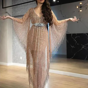 Luksuzni Beading Prom Obleke 2020 Moda Haljo de soiree V Vratu Turčija arabski Dolgo Večer Stranka Halje Plus Velikost Formalno Obleko