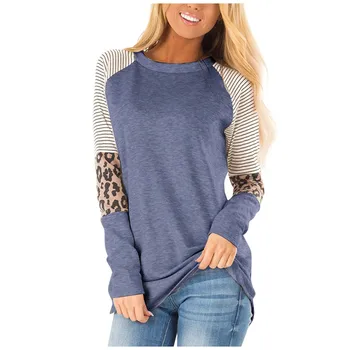 2020 Moda Tshirt Ženska Poleras Mujer Priložnostne Svoboden O-vratu Prugasta Šivanje leopard Tiskanja Dolg Rokav T-shirt camiseta mujer