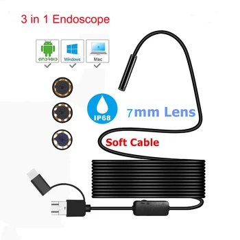 Tip-C USB 720P 7mm Endoskop Fotoaparat 1M 2M 3 V 1 Android Fotoaparat Borescope Za Pametni Telefon, Prenosni RAČUNALNIK Otoscope Pregledovalna Kamera
