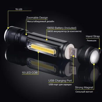 USB Polnilne LED Svetilka za Kampiranje Lahka Strani light design + Rep magnet design Multi-funkcijo Zoomable Svetilka Za kampiranje