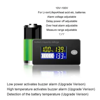10V DC~100V Univerzalni Li-ion Lifepo4 Vodi Nadgrajeno Kisline Zmogljivost Baterije Spremljanje Kazalnika z alarmom Termometer